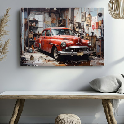 Wall Art Restoration Glory Classic Red And White Car In Vintage Garage Canvas Ready To Hang Gallery Wrapped Home Decor Modern Design
