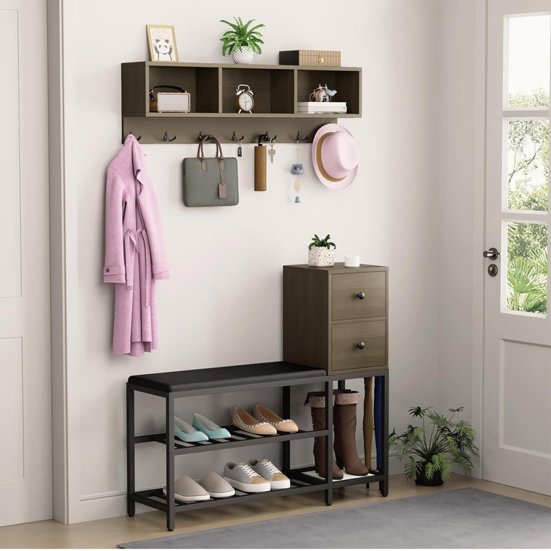 Grand arbre d'entrée 39 "avec banc et rangement pour chaussures Abi, Brun