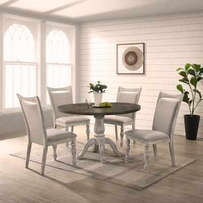 Ensemble de salle à manger 5 pièces, table à piédestal ronde avec 4 chaises, blanc vieilli et gris