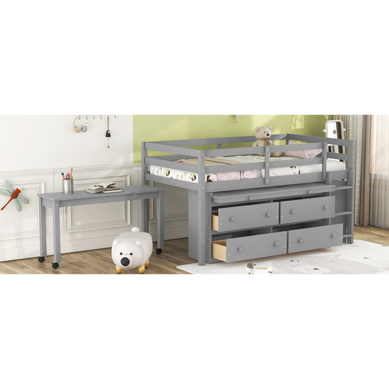 Lit mezzanine simple avec bureau et tiroirs, finition grise, fabriqué en bois de pin massif pour plus de stabilité, Gris