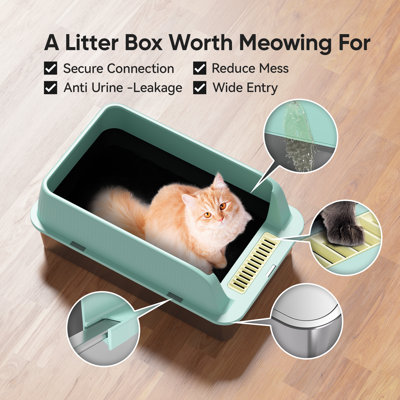 Litière pour chat en acier inoxydable avec couvercle à côtés hauts, très grand XL pour gros chats, chaton ouvert en métal
