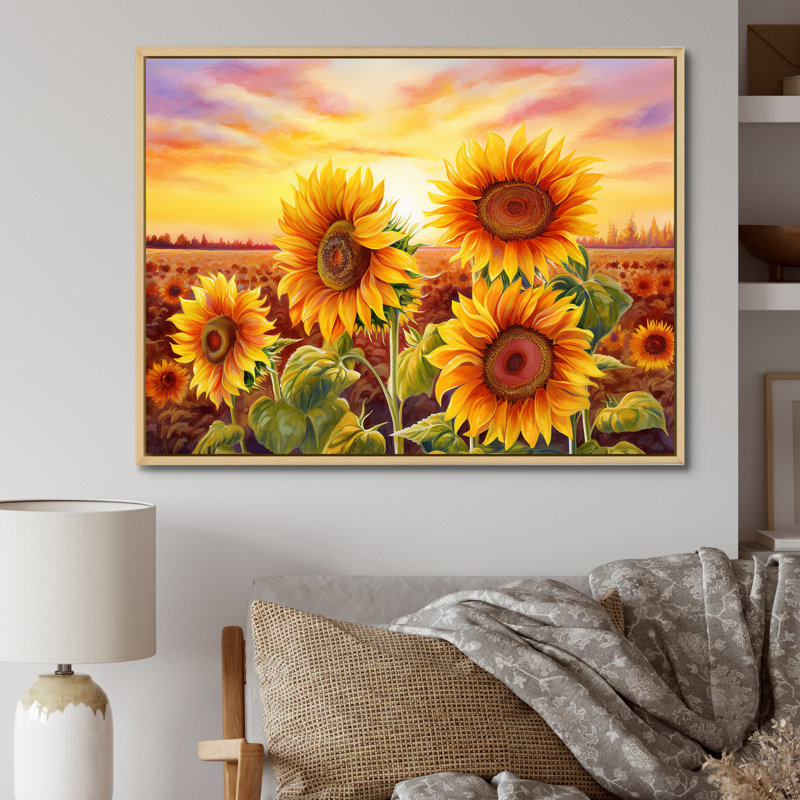 «Burning Sunset Sunflowers Field» sur toile, Cadre naturel flottant, H 30 po x l 40 po x P 1,5 po