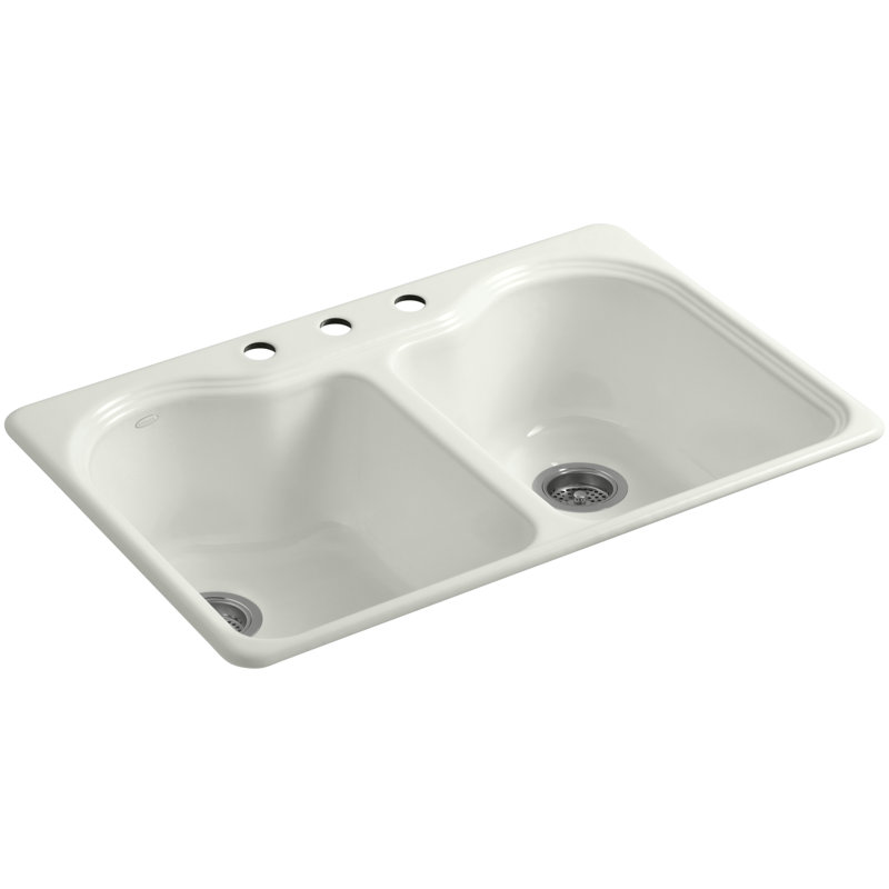 Hartland 33" L x 22" W x 9-5/8" Double Basin Drop-In Kitchen Sink, Caviar, 3 Hole