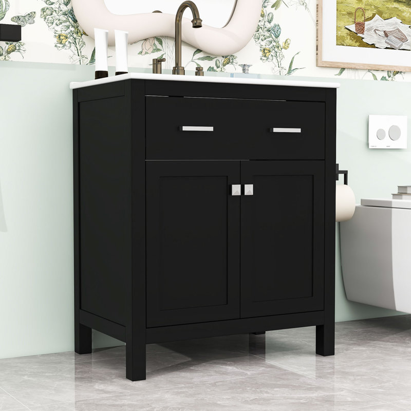 Meuble-lavabo de salle de bain avec lavabo, portes à fermeture douce et tablette réglable, Noir