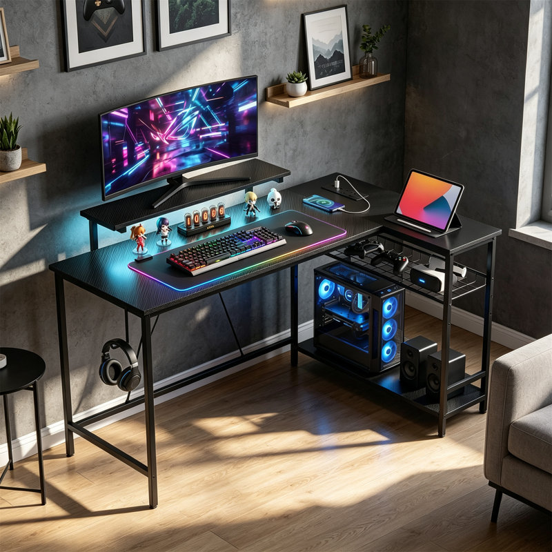 L-Shaped MDF Computer Desk, 90 cm H x 132.5 cm W x 80 cm D, Black