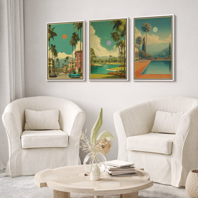 Retro Palm Springs Landscape Mid-Century Modern Home Decor - Framed Canvas Bedroom Wall Art Set of 3 Prints