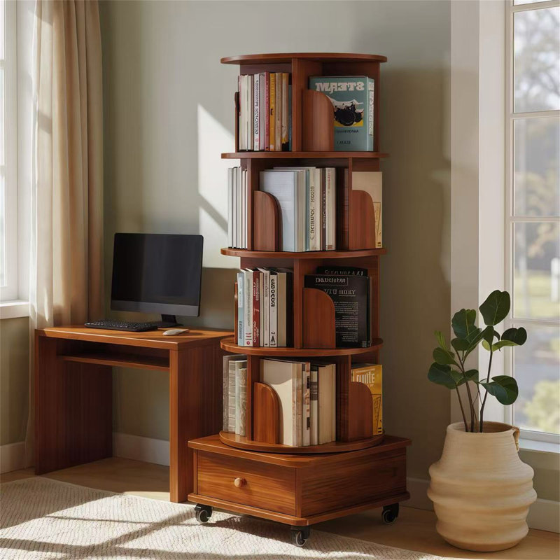 Bibliothèque rotative avec tiroir, Noyer brun, (5 tablettes) H 57 po x l 18,11 po x P 18,11 po