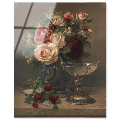 Nature morte avec roses, art mural rétro en verre acrylique sans cadre par Art Remedy, prêt à accrocher, 20 x 24