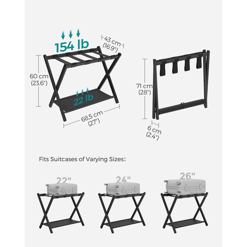 Set of 2 Foldable Luggage Racks with Storage Shelf for Guest Room, Black