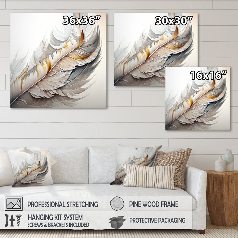 White Watercolor Feather - Abstract Transitional Wall Art, 36" H x 36" W x 1.5" D, Wrapped Canvas