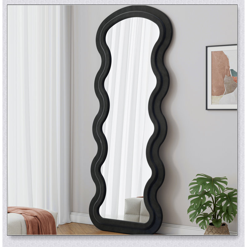 Flannel Full Length Wave Floor Mirror For Bedroom And Living Room, Hanging Or Leaning, Black, Aluminum, Black