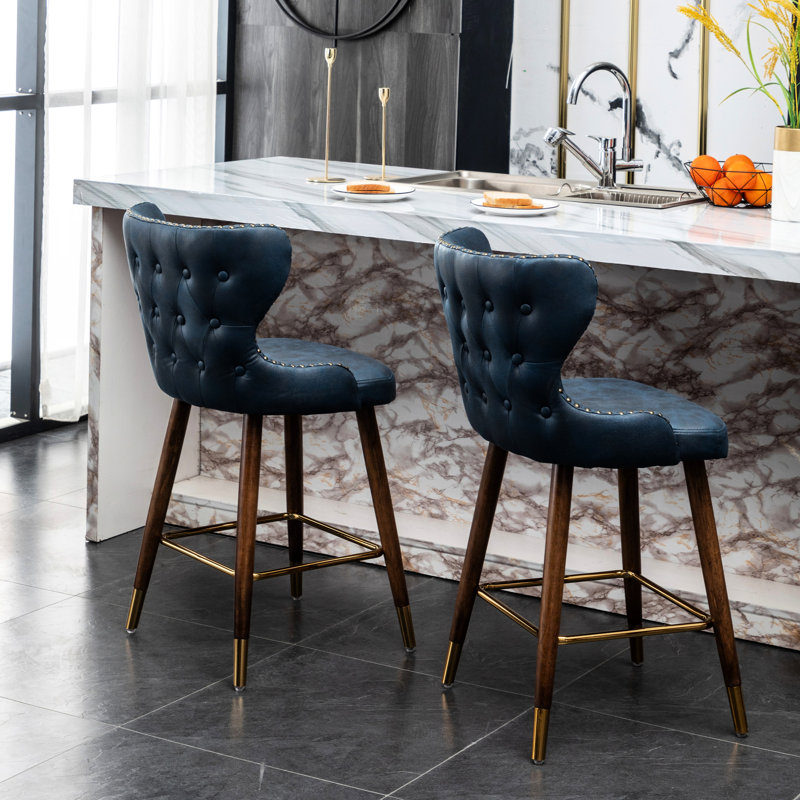 2 tabourets de comptoir modernes Mid-Century, bleu - similicuir avec garniture cloutée originale