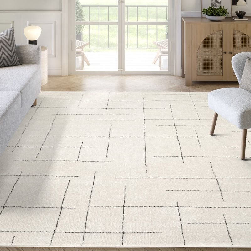 Abani Orith OLV130A Modern Cream Black Abstract Line Minimalist Area Rug, Rectangle 5'3" x 7'7"