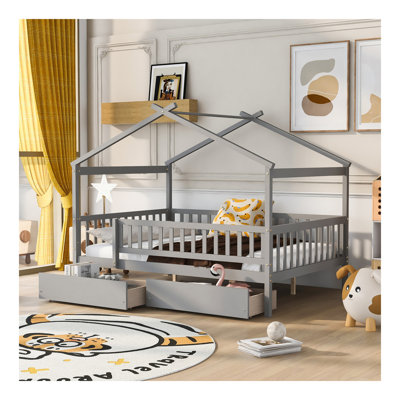 Lit double en bois avec deux tiroirs, gris