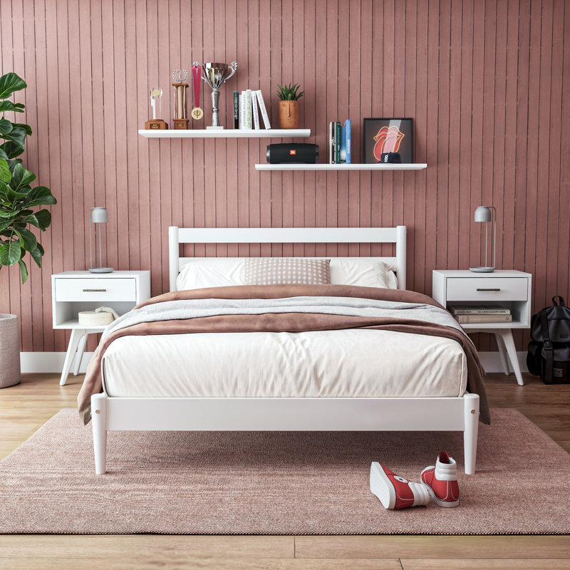 Lit simple en bois massif Lasher, Blanc, Double