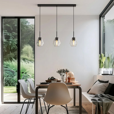 Alcide 3-Light Black Linear Island Pendant Hanging Light, Kitchen Lighting With Glass Shades