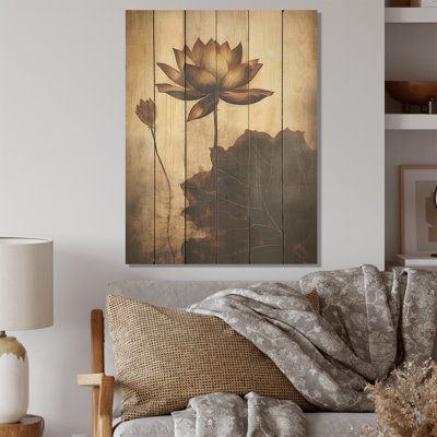 Rustic Lotus Serenity - Art mural en bois de lotus sur bois de pin naturel