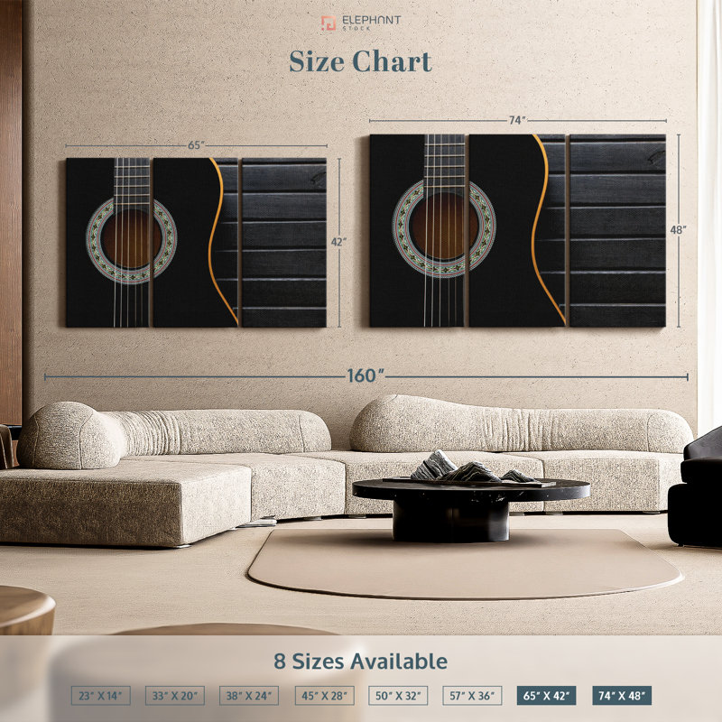"Guitare acoustique foncée", 3 pièces sur toile, H 48 po x l 74 po x P 1,25 po