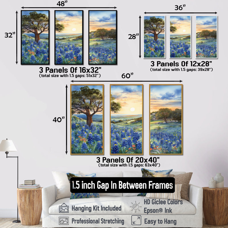 Gattilier - ensemble d'art mural Blue Bonnets, Cadre flottant doré, H 40 po x l 60 po x P 1 po