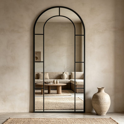 Arched Full Length Mirror 56X22 Inch Large Window Floor Mirror With Sturdy Metal Frame, Full Body Mirror For Wall Or Leaning, Farmhouse Pane Design For Bedroom, Living Room, Entryway, Black