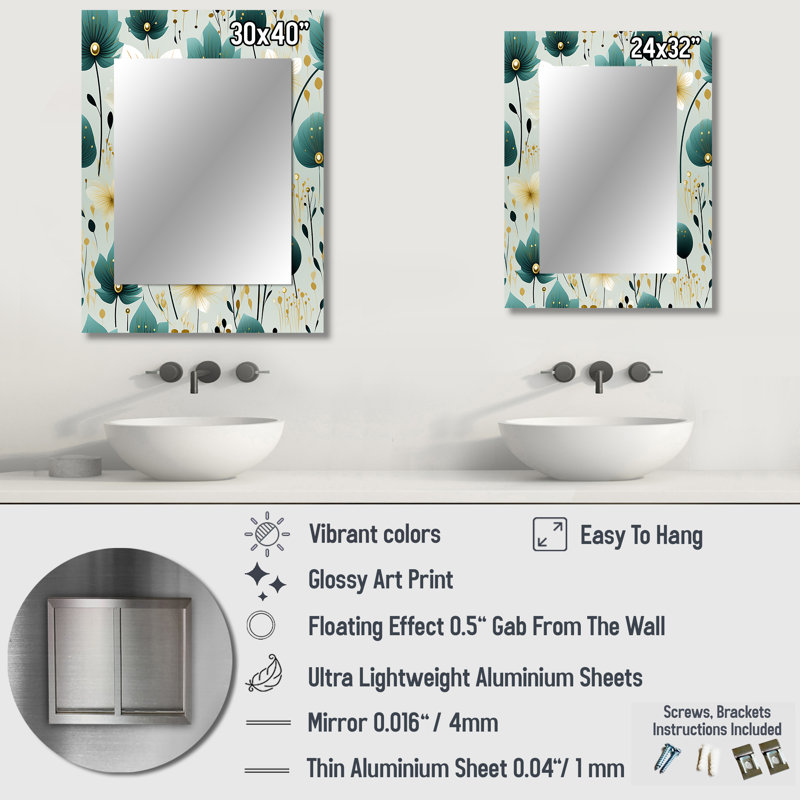Motif floral Apolinaire sarcelle et ivoire côtier élégance - miroir décoratif floral, 32 po x 24 po