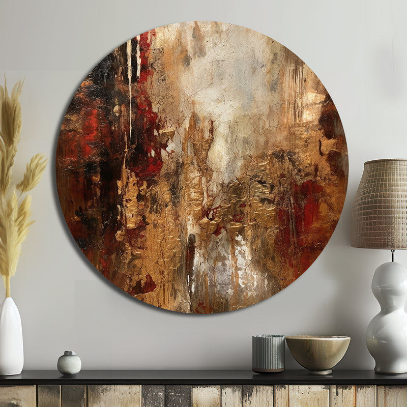 Révélations de l'ancienne Italie en or et rouge - Art abstrait rond en métal, H 23 po x l 23 po