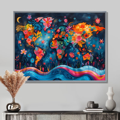Orange, carte du monde abstrait bleu - carte du monde, art mural salon