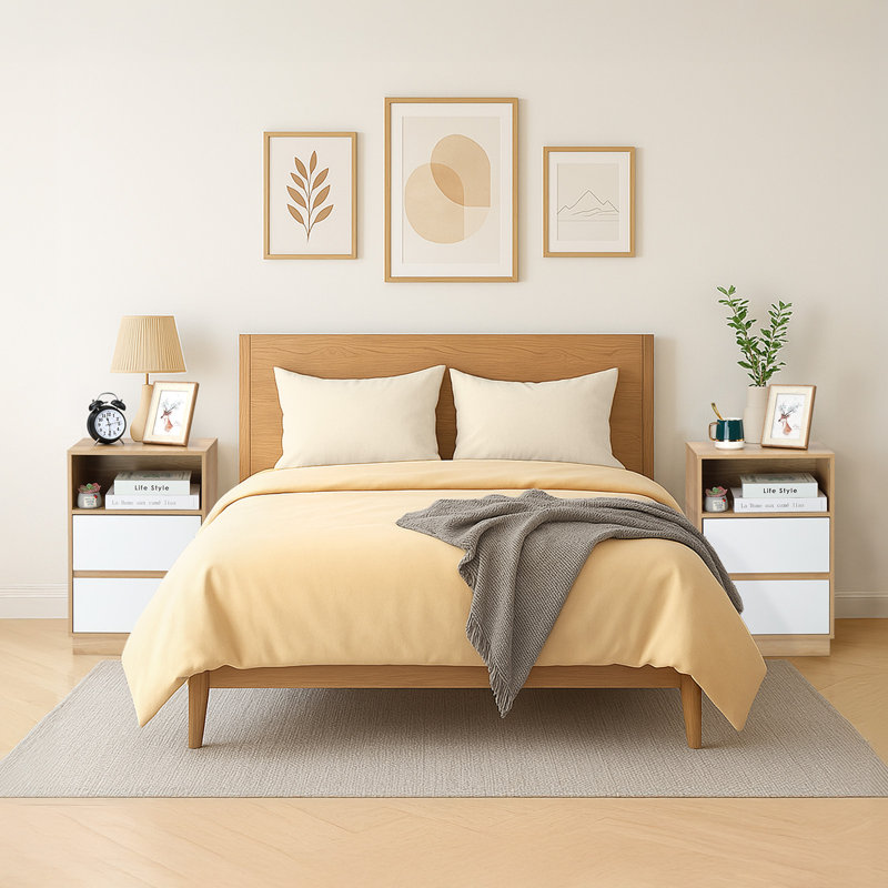 15.7" White Nightstand, P2 Particleboard, Matte Melamine, Beveled Drawer, 2 Drawers (2 Pcs), Oak/White