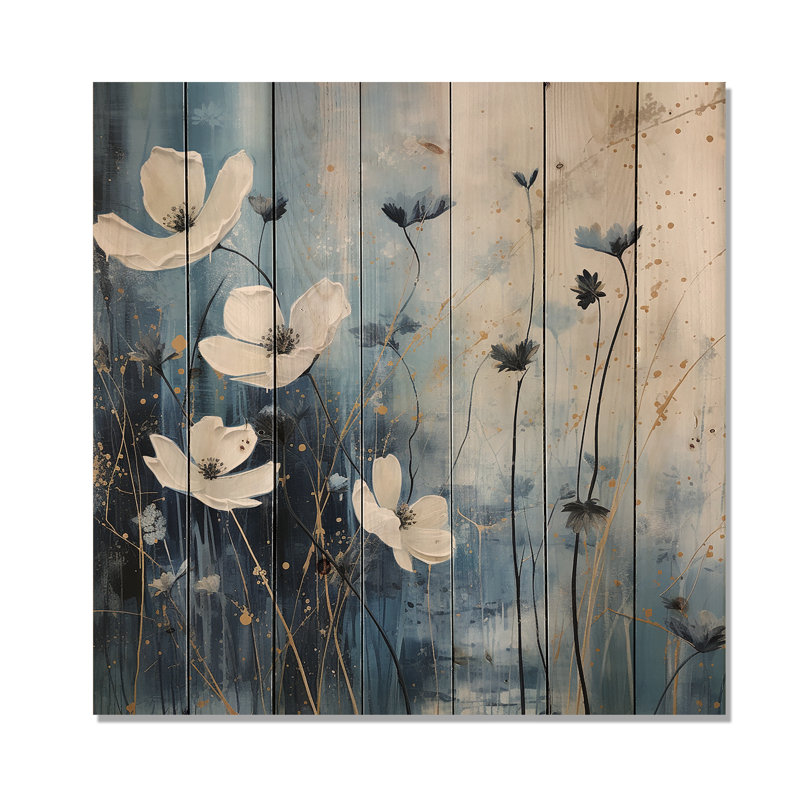 «White and Blue Fields of Wildflower Beauty», art mural en bois sur bois de pin naturel, H 25 po x l 25 po