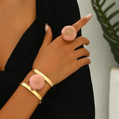 Rose Gold & Pink Crystal Jewelry Duo, Handmade Electroplated Bracelet & Ring Set, Hypoallergenic Luxury Gift for Everyday Glamour & Romantic Occasions