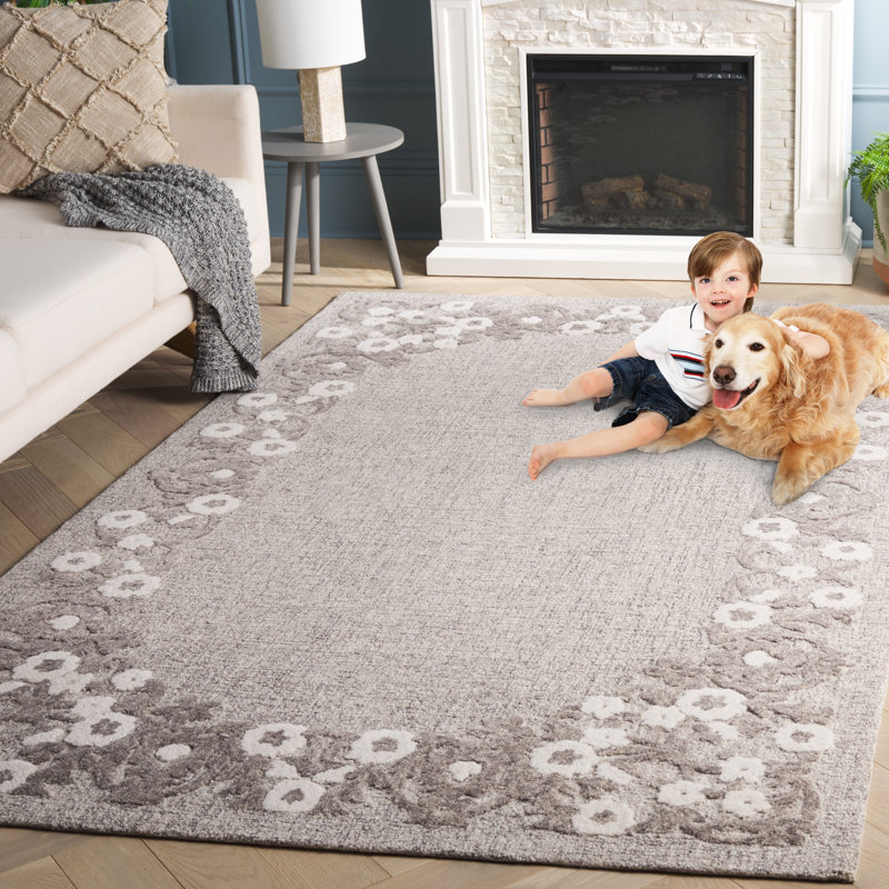 Lycan Ebony Hand Tufted Wool Cotton Floral Rug in Gray/Ivory, Rectangle 8' x 10'