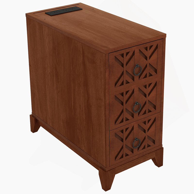 Table de bout fonctionnelle avec trois tiroirs et deux tablettes ouvertes, idéale pour les coins de la chambre à coucher et l'espace de rangement