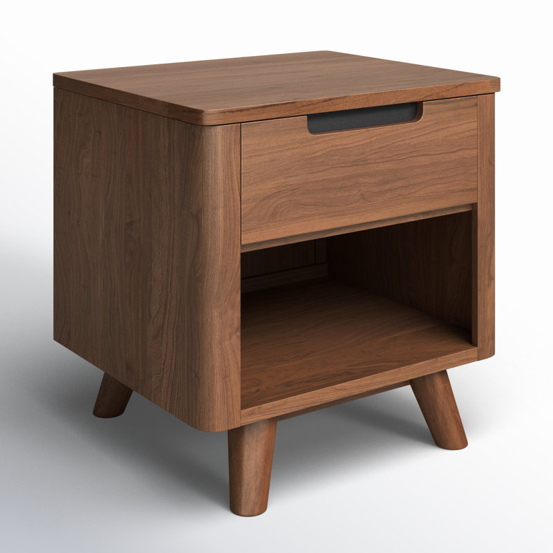 Walnut Mid-Century Modern 1-Drawer Nightstand with Shelf