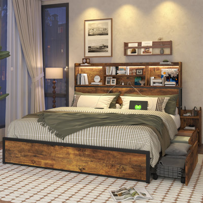 Platform Bed Frame With 4 Under‑Bed Storage Drawers, Storage Headboard With Pull Out Nightstands, Charging Station & Rgb Led Lights, No Box Spring Required