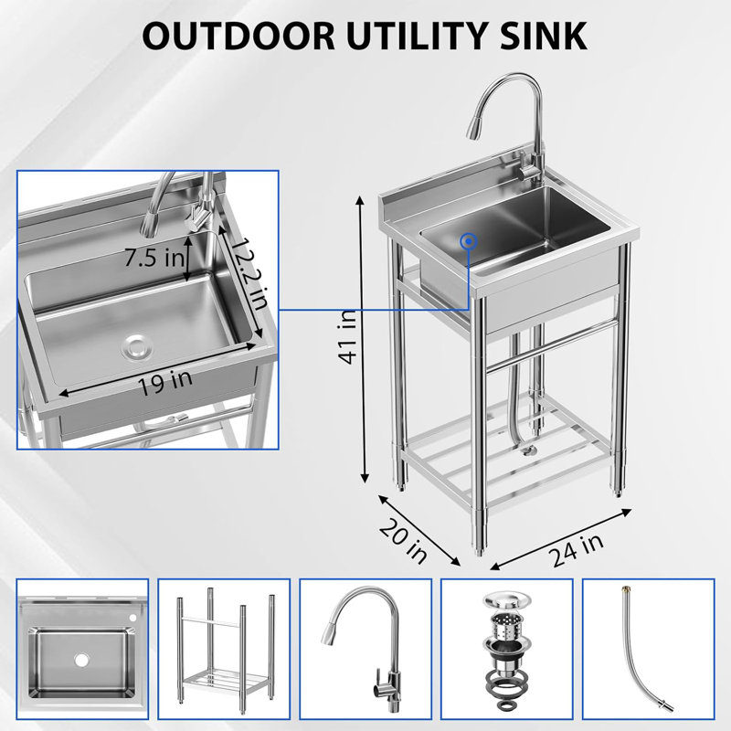 Stainless Steel Sink,Freestanding Single Trough Commercial Kitchen Sink Set with Faucet, Commercial Single Bowl Kitchen Prep & Utility Sink