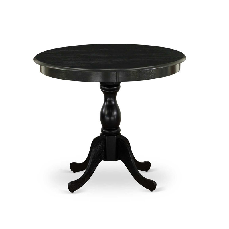 3 Piece Kitchen Table & Chairs Set Contains a Round Dining Room Table with Pedestal and 2 Doeskin Linen Fabric Upholstered Chairs, Wirebrushed Black
