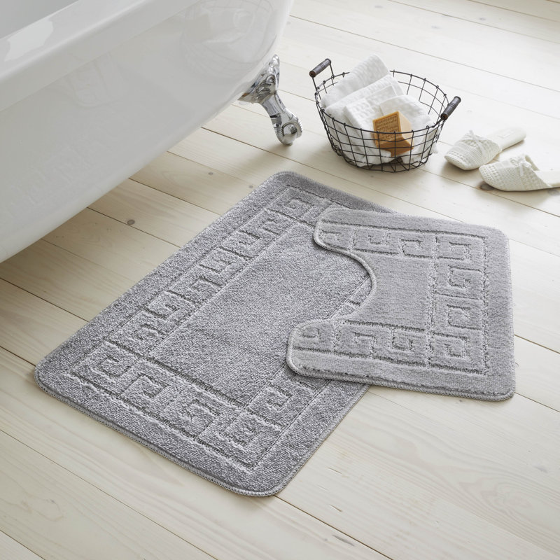 2 Piece Bathroom Rug Set Greek Key Pattern Bath Mat & Pedestal Mat Non Slip Rubber Back Soft Absorbent Mats, Silver