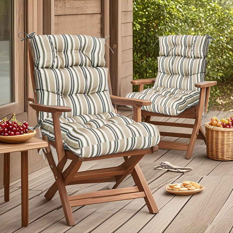 2 Piece 4" Thick High Back Chair Cushion Indoor and Outdoor Seat / Back Cushions with Straps, Beige Stripes