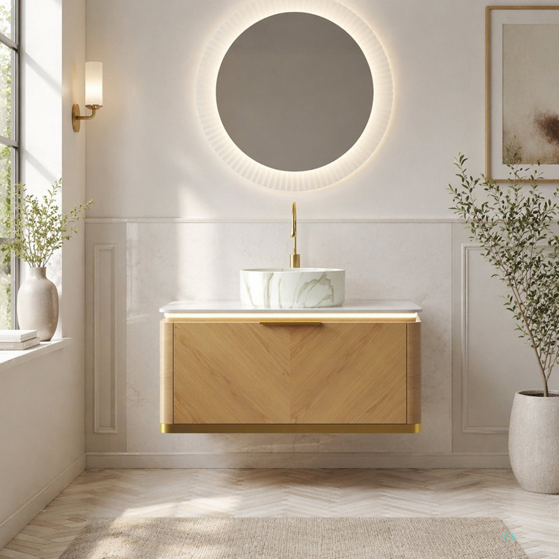 Meuble-lavabo de salle de bain 36 po DIPA, armoire de rangement en contreplaqué flottant, tiroir avec poignée et capteur de lumière, vasque en céramique à motif de pierre et plateau en pierre frittée, pré-assemblé