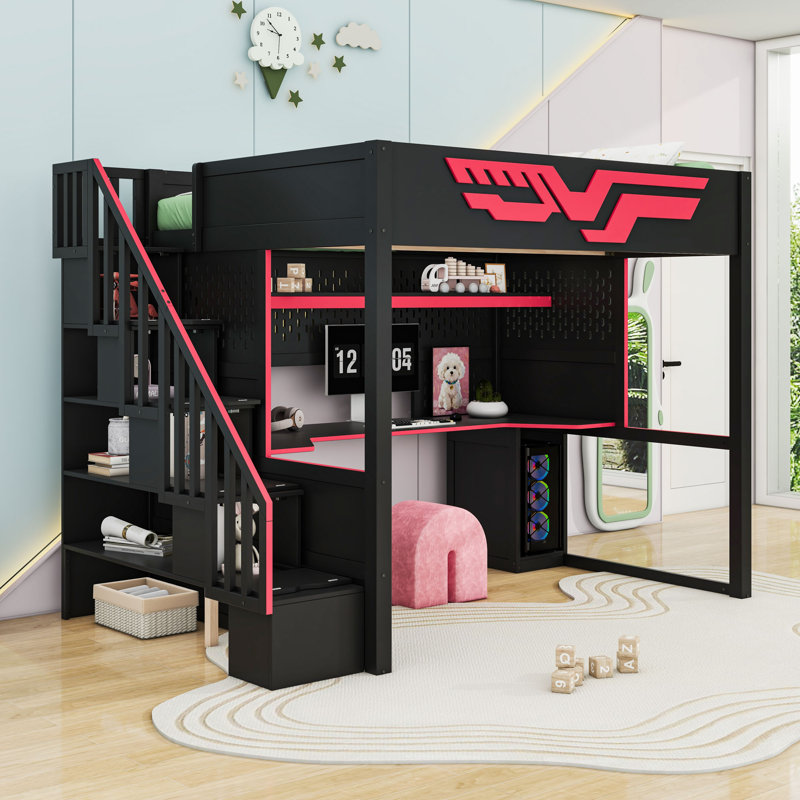 Full Size Wooden Loft Bed with Built-in Desk, LED Lighting and USB Port
