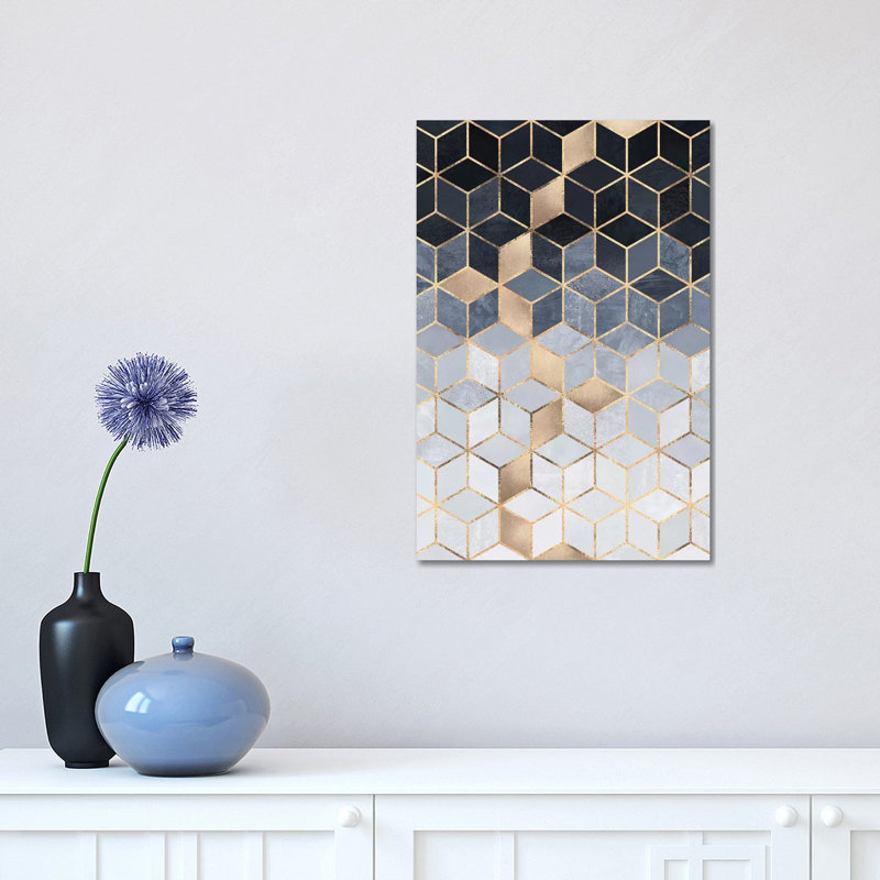 Soft Blue Gradient Cubes, Rectangular by Elisabeth Fredriksson - Print on Canvas, Brown Floater Framed