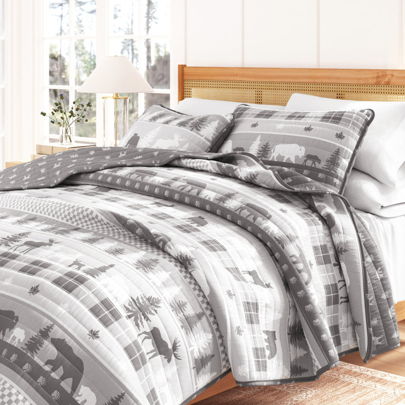 Ensemble de courtepointe réversible en microfibre Lodge Woodland and Patchwork, Paysage rustique gris