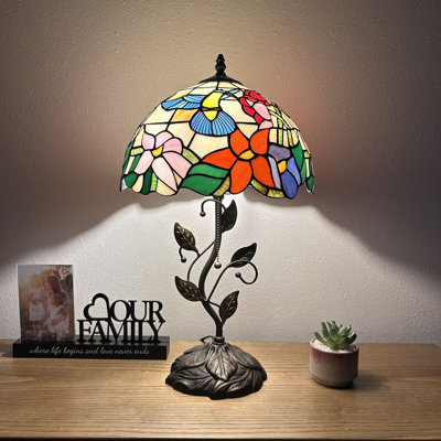 Meryem Tiffany Table Lamp Orange Blue Stained Glass Hummingbird Flowers Included LED Bulb 22"H*12"W*12"D