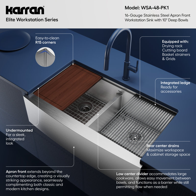 Elite Workstation 36'' L Double Bowl Stainless Steel Kitchen Sink