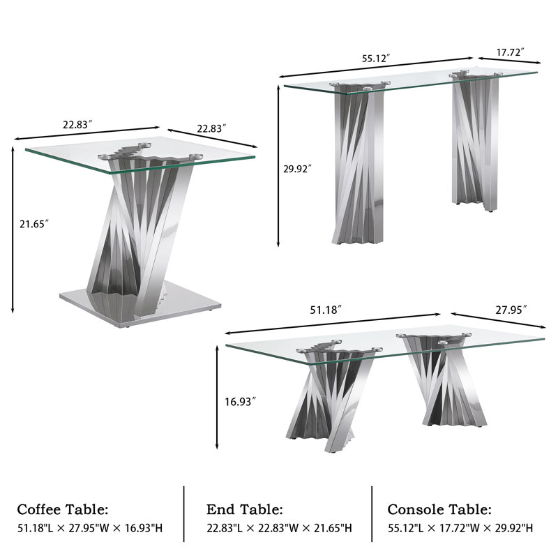 Ensemble de table de salon en verre 3 pièces, Argent argent