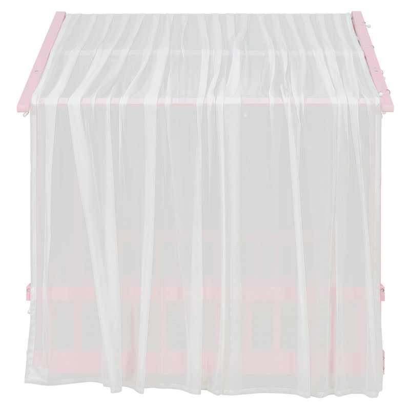 Lit plateforme double avec baldaquin en tissu transparent et guirlande lumineuse, rose, Double, Rose