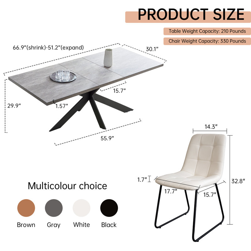 Derose Kitchen Dining Set, Extendable Dining Kitchen Table with Dining Chairs, 7 Pieces: Table, 6 Chairs, White
