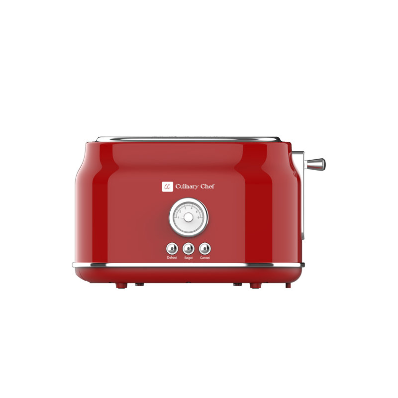 Retro Red Stainless Steel 2-Slice Toaster with Wide Slot