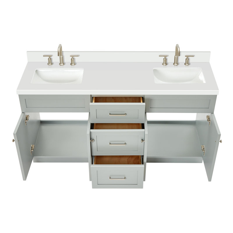 Meuble-lavabo double autoportant de 67 po avec plateau en quartz blanc Hamlet, Forme rectangulaire, 67″, Gris