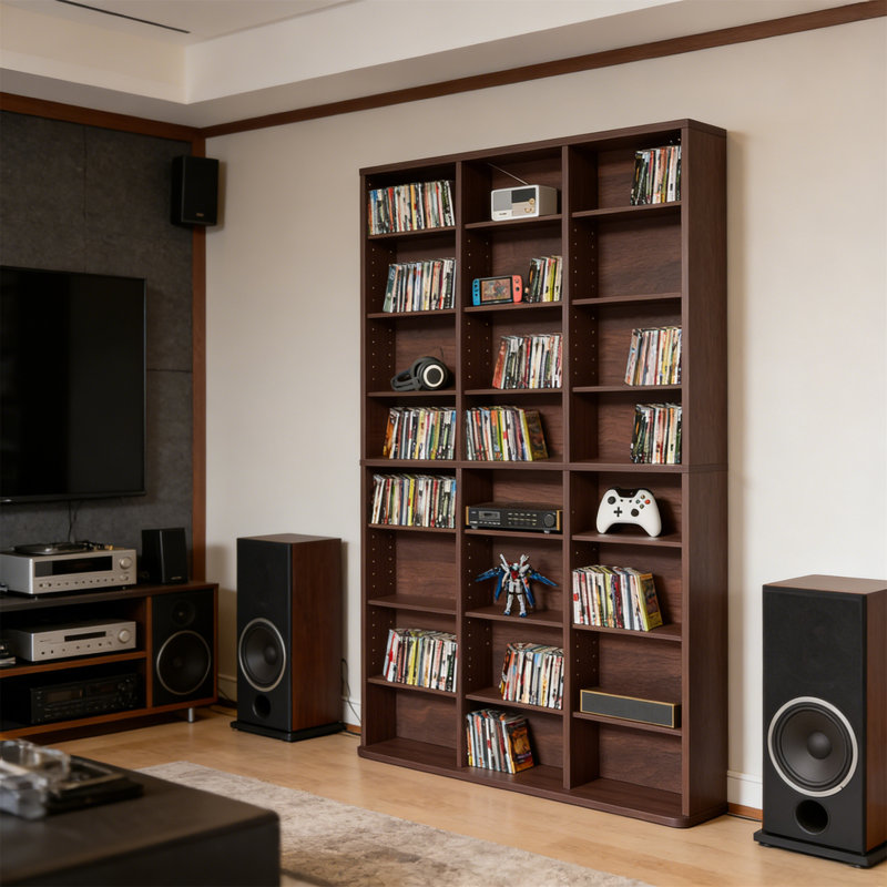 8-Tier Tall Display Cabinet, Walnut, Adjustable Shelves, For DVD, Manga Storage, For Living Room, Home Office, Brown